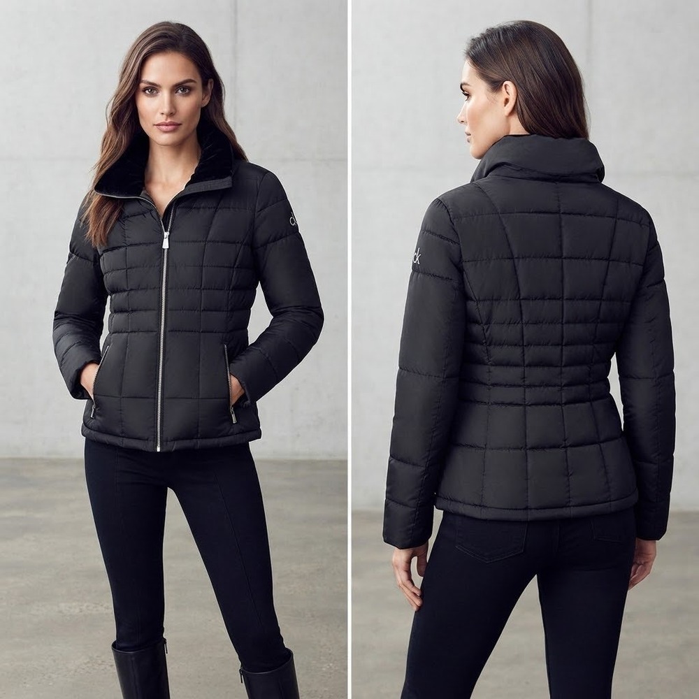 Calvin Klein Womens Black Puffer Jacket Velvet Trim Repel CW903383 Size Large